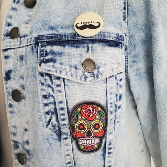 Jak & Rae Acid Wash Saks 5th Ave Very Rare Vintage Y2K Jean Jacket Patches S - Picture 6 of 16